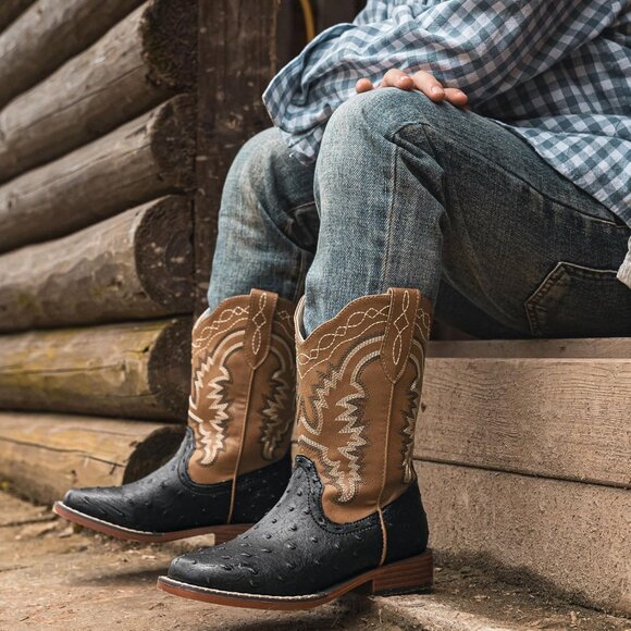 ⚡Kid Black Ostrich Synthetic Cowboy Riding Shoes Square Toe Wide Calf Boot - Picture 2 of 6